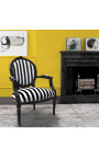 Fauteuil baroque de style Louis XVI rayé noir et blanc et bois noir