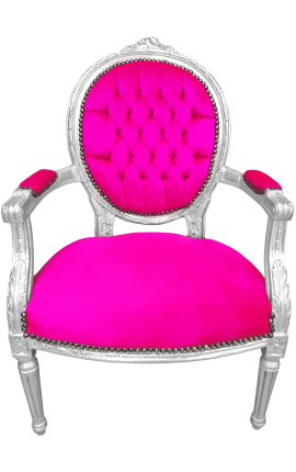 Μπαρόκ πολυθρόνα στυλ Louis XVI ροζ φούξια βελούδο και ασημένιο ξύλο