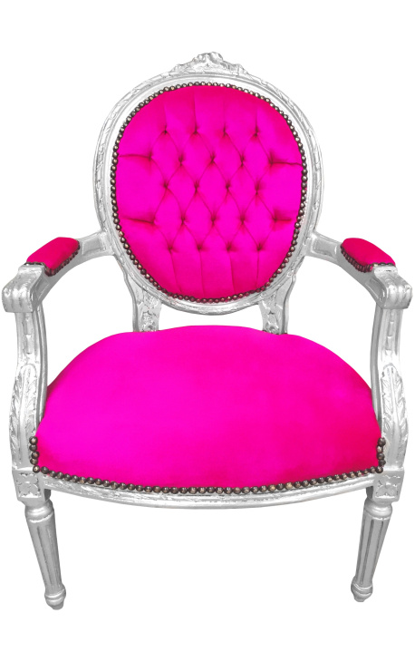 Fotel w stylu barokowym w stylu Ludwika XVI aksamit w kolorze różowej fuksji i posrebrzanego drewna