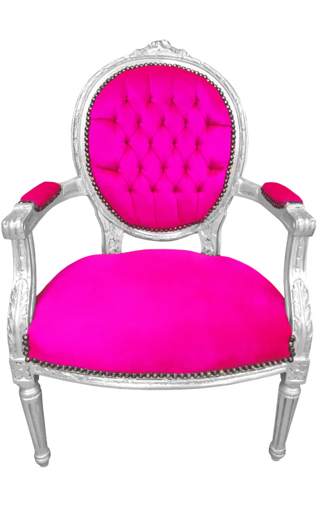 Fauteuil Louis XVI de style baroque velours rose fuchsia et bois argenté - 1