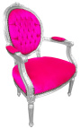 Fauteuil Louis XVI de style baroque velours rose fuchsia et bois argenté - 13