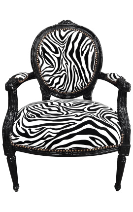 Baroka krēsls Ludvika XVI stila medaļjons zebra melns un balts audums un melns lakēts koksnes 