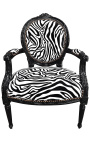 Barokki nojatuoli Louis XVI Style Medallion Zebra Mustavalkoinen kangas ja musta lakattu puu - 1