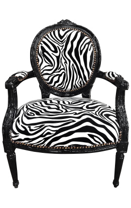 Barokke fauteuil Lodewijk XVI-stijl medaillon zebra zwarte en witte stof en zwart gelakt hout 