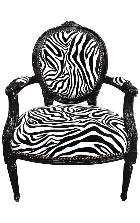 Sillón barroco Luís XVI medallón de estilo cebra tela negra y blanca y madera lacada negra