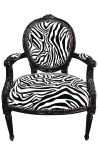 Baroque armchair Louis XVI style medallion zebra black and white fabric and black lacquered wood 