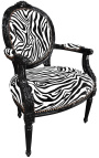 Barock-Sessel im Louis XVI-Stil mit Medaillon und Zebramuster aus schwarzem und weißem Stoff und schwarz lackiertem Holz 
