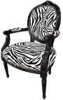 Fotel w stylu barokowym w stylu Ludwika XVI medalion zebra czarno-biała tkanina i drewno lakierowane na czarno 