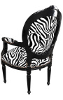 Baroque armchair Louis XVI style medallion zebra black and white texture and black lacquered wood 