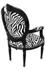 Barokke fauteuil Lodewijk XVI-stijl medaillon zebra zwarte en witte stof en zwart gelakt hout 