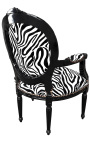 Barokowy fotel Louis XVI Styl medalion Zebra czarno-biała tkanina i czarne lakierowane drewno - 17