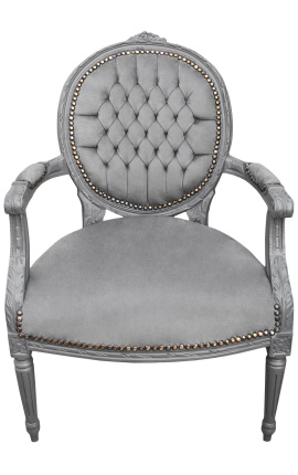 Barokke fauteuil Louis XVI-stijl grijs fluweel en grijs gelakt hout 
