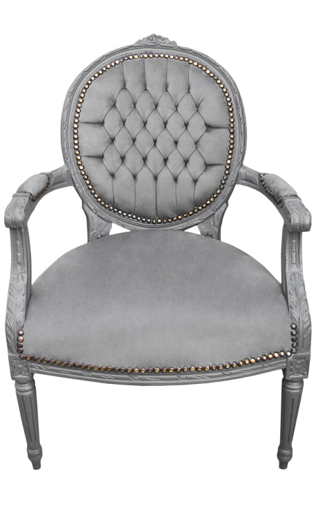 Baročni fotelj Louis XVI Style sivi žamet in sivi lakirani les - 1