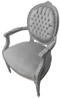 Baroque armchair Louis XVI style medallion grey fabric and grey lacquered wood 