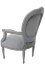 Baroque armchair Louis XVI style medallion grey fabric and grey lacquered wood 