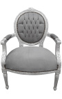 Fauteuil baroque de style Louis XVI velours gris et bois argenté