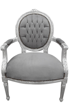 Baroque armchair Louis XVI style grey velvet and silvered wood