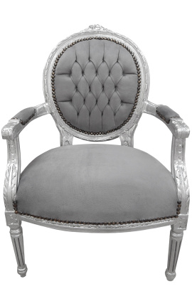 Fauteuil baroque de style Louis XVI velours gris et bois argenté