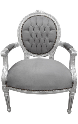 Barokni naslonjač Louis XVI stil sive baršune i posrebreno drvo - 1