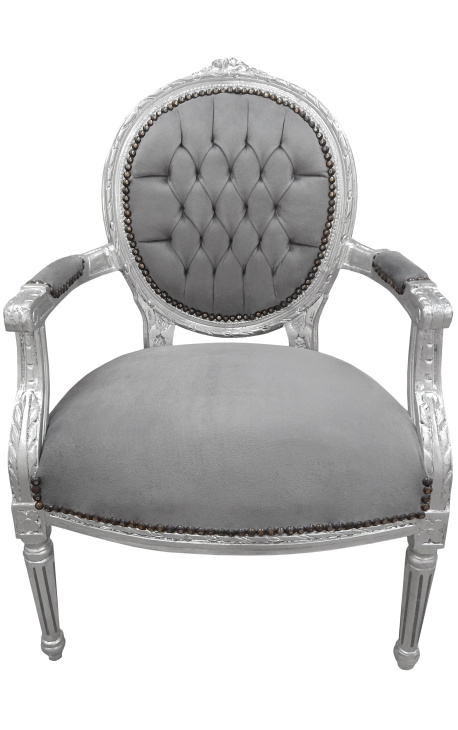 Barok lænestol Louis XVI Style Grey Velvet og Silvered Wood - 1