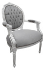 Baroque armchair Louis XVI style grey velvet and silvered wood
