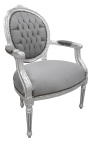 Fauteuil baroque de style Louis XVI velours gris et bois argenté