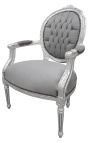 Fauteuil baroque de style Louis XVI velours gris et bois argenté