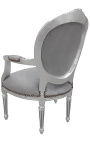 Fauteuil baroque de style Louis XVI velours gris et bois argenté