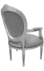 Fauteuil baroque de style Louis XVI velours gris et bois argenté