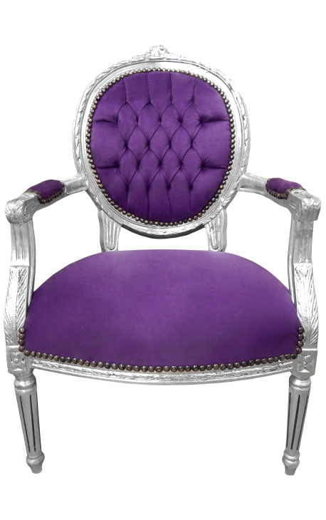 Fauteuil baroque de style Louis XVI velours mauve et bois argenté