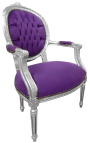 Baroque armchair Louis XVI style purple velvet and silvered wood