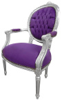 Fauteuil baroque de style Louis XVI velours mauve et bois argenté