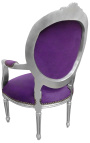 Baroque armchair Louis XVI style purple velvet and silvered wood