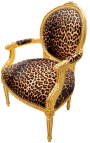 Baroque armchair Louis XVI style leopard and gilded wood