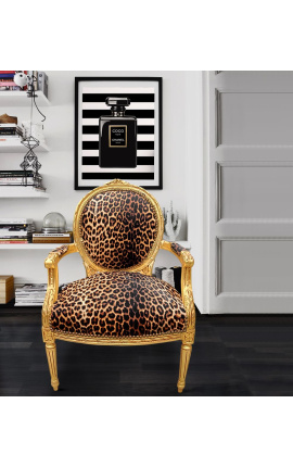 Baroque armchair Louis XVI style leopard and gilded wood
