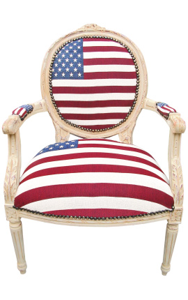Atzveltnes krēsls baroka stilā pēc Luija XVI Amerikas karoga un bēša koka