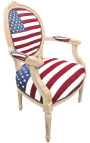 Atzveltnes krēsls baroka stilā pēc Luija XVI Amerikas karoga un bēša koka