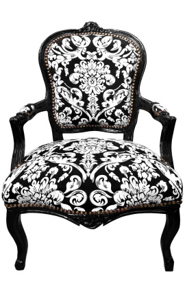 Barokowy fotel w stylu Ludwika XV z białą tkaniną w kwiaty i czarnym drewnem