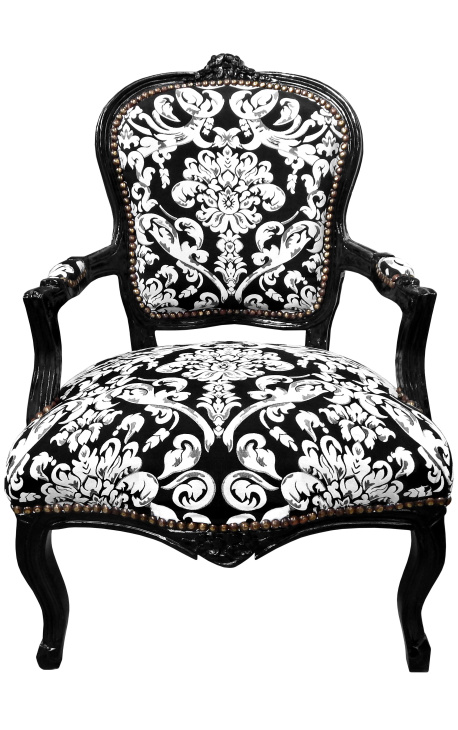 Fauteuil baroque de style Louis XV tissu motifs floraux blanc et bois noir