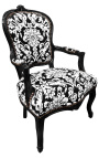 Barockfåtölj i Louis XV-stil med vitt blommigt tyg och svart trä - 5