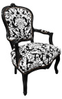 Fauteuil baroque de style Louis XV tissu motifs floraux blanc et bois noir