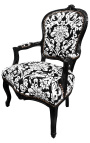 Baroque armchair of Louis XV style with white floral fabric and black wood