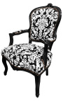 Fauteuil baroque de style Louis XV tissu motifs floraux blanc et bois noir