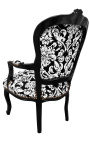 Fauteuil baroque de style Louis XV tissu motifs floraux blanc et bois noir