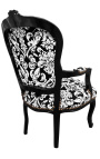 Fauteuil baroque de style Louis XV tissu motifs floraux blanc et bois noir