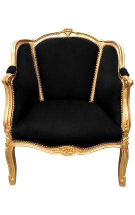 Grande bergère louis XV tessuto in velluto nero e legno dorato