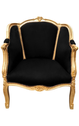 Big bergère armchair Louis XV style black velvet and gold wood