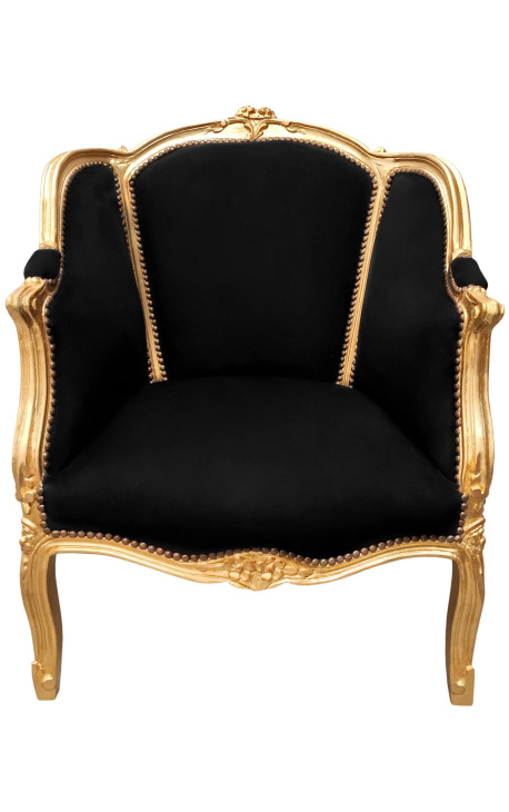 Fotelj Bergere v slogu Ludvika XV. črn žamet in zlati les