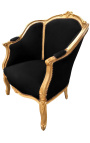 Bergere atzveltnes krēsls Louis XV stilā melns samts un zelta koks
