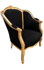 Bergere fotelis Louis XV stiliaus juodas aksomas ir aukso mediena